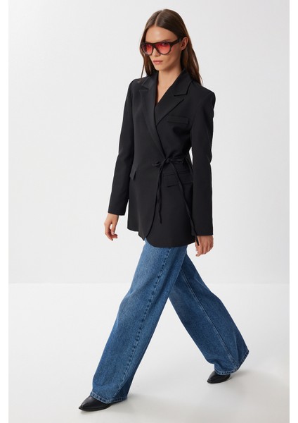 Vatkalı Bağlama Detaylı Dokuma Blazer Ceket LDW0005 Siyah fırsatları
