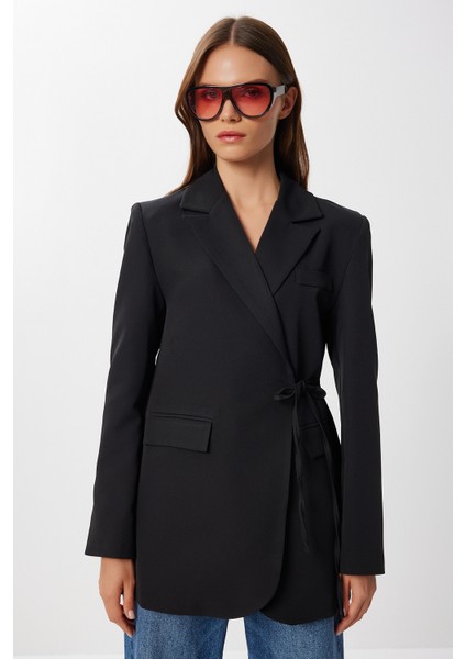 Vatkalı Bağlama Detaylı Dokuma Blazer Ceket LDW0005 Siyah indirimleri