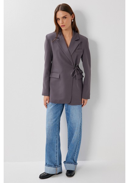 Vatkalı Bağlama Detaylı Dokuma Blazer Ceket LDW0005 Füme