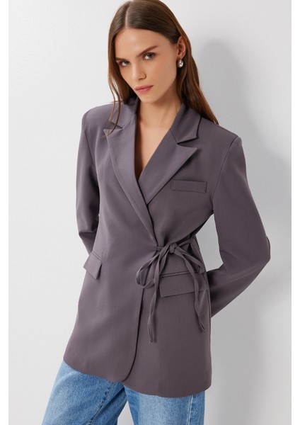 Vatkalı Bağlama Detaylı Dokuma Blazer Ceket LDW0005 Füme fiyatları