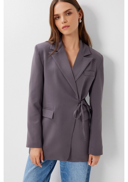 Vatkalı Bağlama Detaylı Dokuma Blazer Ceket LDW0005 Füme modelleri