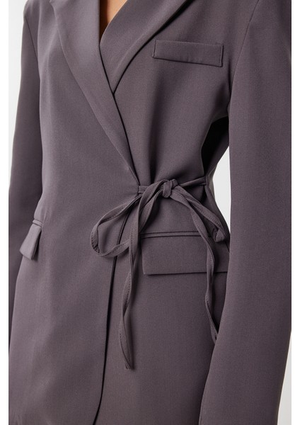 Vatkalı Bağlama Detaylı Dokuma Blazer Ceket LDW0005 Füme fırsatları