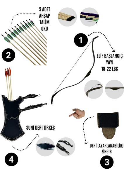 Geleneksel Okçuluk Başlangıç Seti - Elif Yay + 5 Ok + Zihgir + Tirkeş