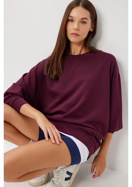 Oversize Basic Yumuşak Modal Sweatshirt LUB0249 Mürdüm