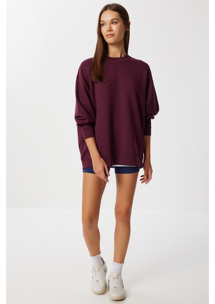 Oversize Basic Yumuşak Modal Sweatshirt LUB0249 Mürdüm fırsatları