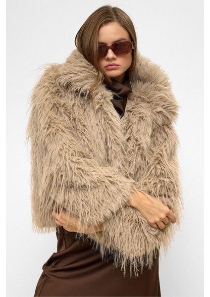 Oversize Uzun Tüylü Suni Kürk Ceket Taş 1011