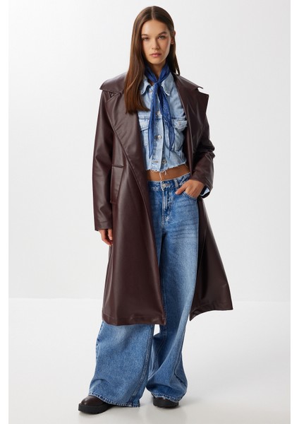 Kuşaklı Suni Deri Trençkot LGP0027 Bordo