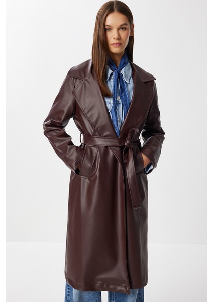 Kuşaklı Suni Deri Trençkot LGP0027 Bordo fiyatları