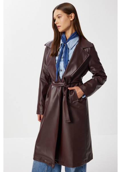 Kuşaklı Suni Deri Trençkot LGP0027 Bordo modelleri