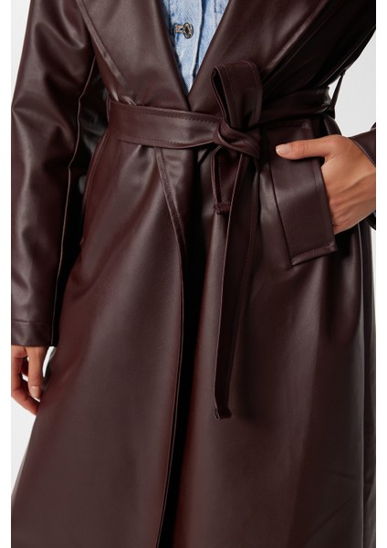 Kuşaklı Suni Deri Trençkot LGP0027 Bordo fırsatları