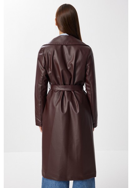 Kuşaklı Suni Deri Trençkot LGP0027 Bordo indirimleri