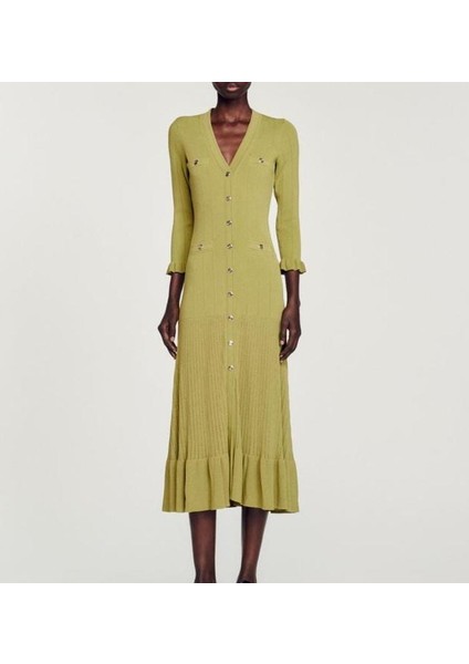 Sandaro Yeşil Uzun Kollu Triko Elbise