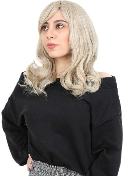 Dalgalı Perçemli Orta Boy Fiber Sentetik Peruk / Balköpüğü / Platin Röfleli