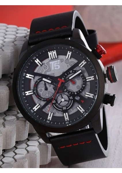 Erkek Kol Saati – Siyah Deri Kordon – Siyah Kasa – Kırmızı Detaylı Skeleton – Multifonksiyonel