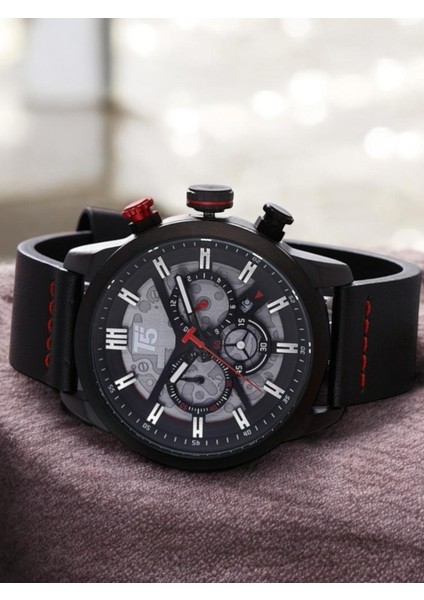 Erkek Kol Saati – Siyah Deri Kordon – Siyah Kasa – Kırmızı Detaylı Skeleton – Multifonksiyonel fiyatları