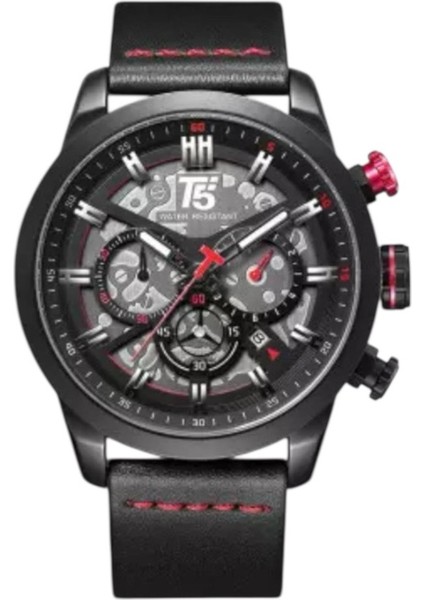 Erkek Kol Saati – Siyah Deri Kordon – Siyah Kasa – Kırmızı Detaylı Skeleton – Multifonksiyonel modelleri