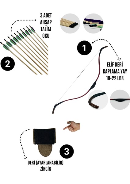 Geleneksel Okçuluk Başlangıç Seti - Elif Yay (Kaplamalı) + 3 Ok + Zihgir