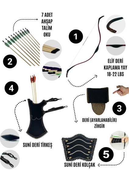 Geleneksel Okçuluk Başlangıç Seti - Elif Yay (Kaplamalı) + 7 Ok + Zihgir + Tirkeş + Kolçak