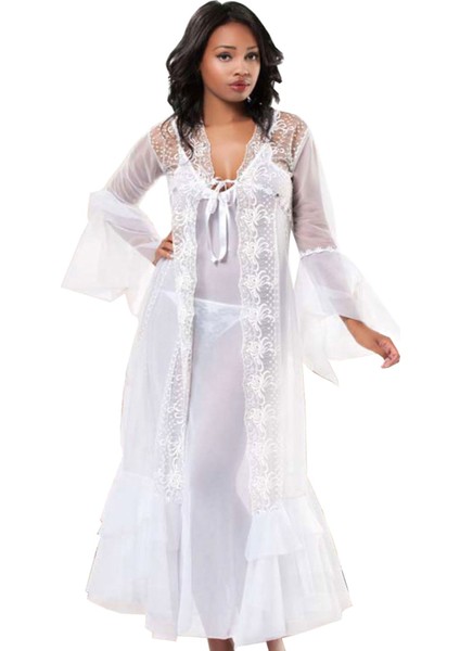 Beyaz Dantelli Sabahlık &amp; Gecelik Takım 2' Li