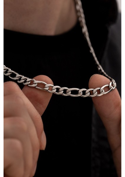 Erkek Çelik Kolye - Figaro Çizgili Erkek Çelik Zincir Kolye