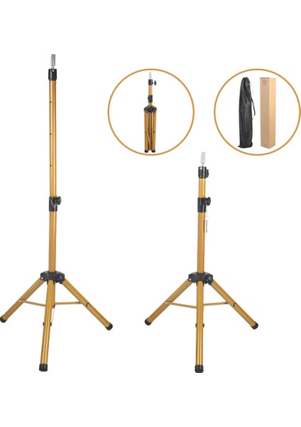 Kuaför Eğitim Mankeni İçin Metal Tripod / Simli Gold + Taşıma Çantası