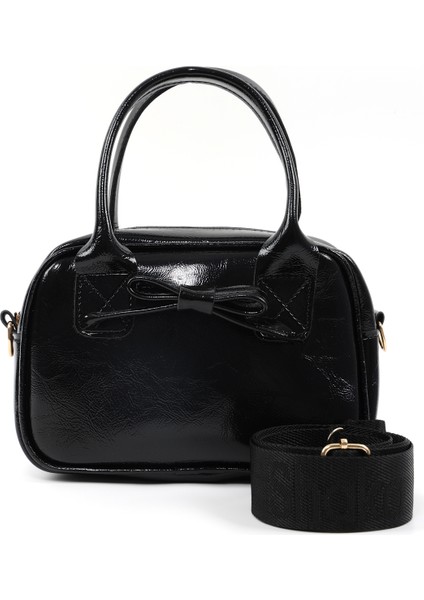 Kırışık Dokulu Siyah SHK217 Fiyonklu Suni Deri, Tek Bölmeli, Fermuarlı,kolon Askılı, El, Kol ve Omuz Çantası