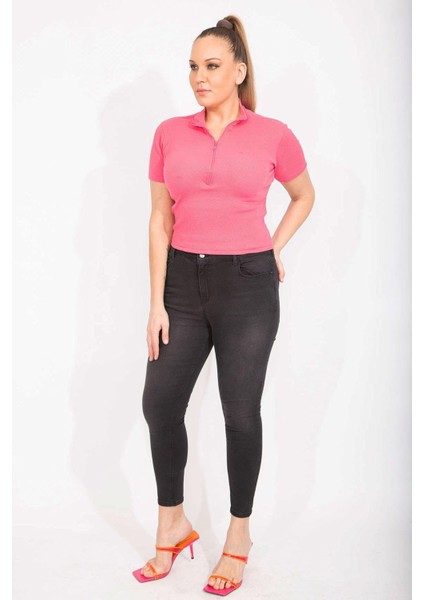 Kadın Siyah Büyük Beden Dar Paça Likralı 5 Cep Kot Pantolon 65N35587 modelleri