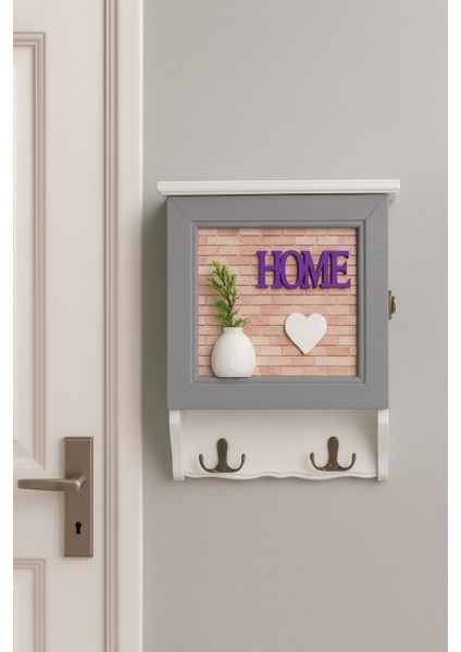 Dekoratif Gri Çerçeveli Ahşap Anahtarlık Kutusu – Kapaklı Duvar Tipi Askılık "home" Yazılı BR-6635