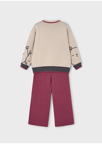 Kız Çocuk Kazak ve Pantolon Takımı | Baskılı Kazak & Vişne Palazzo Pantolon | 4-10 Yaş modelleri