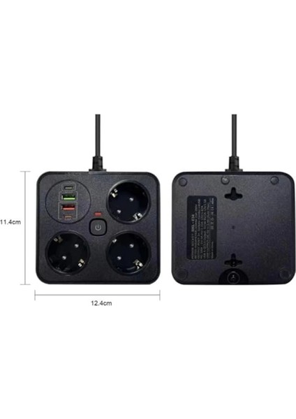 Akım Korumalı Anahtarlı Priz - 3x Priz - 2x USB - 2x Type-C - 2 mt Kablo Hızlı Şarj Özellikli Siyah