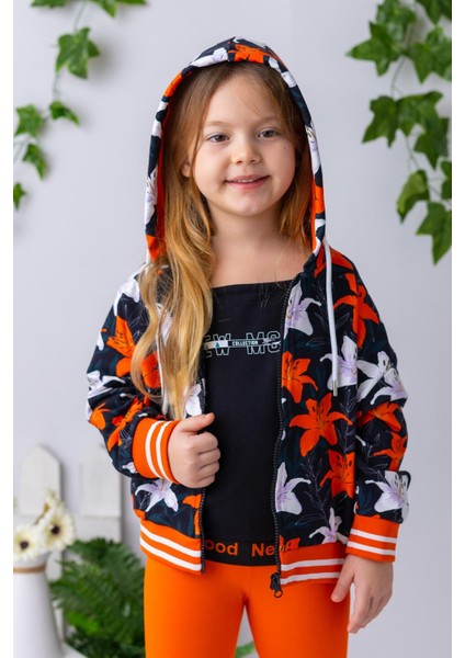 Kız Çocuk Çiçek Desenli Kapüşonlu Sweatshirt - Çiçek Desenli
