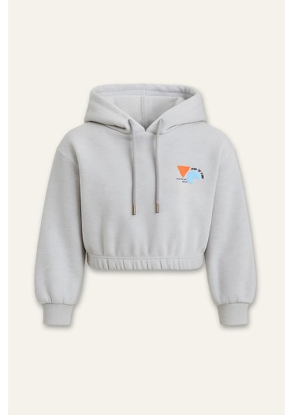 Kız Çocuk Kapşonlu Crop Sweatshirt - Gri