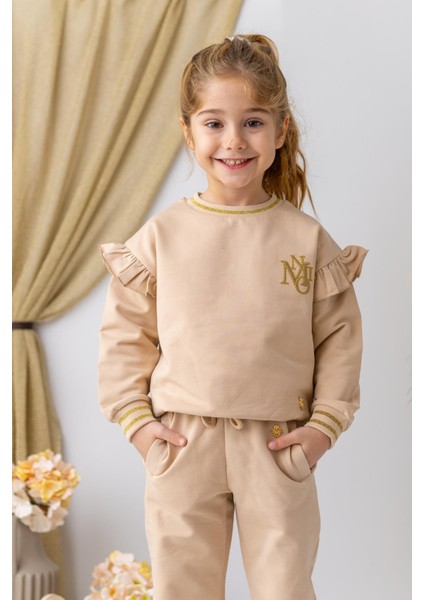 Kız Çocuk Kolları Fırfırlı Sweatshirt - Bej