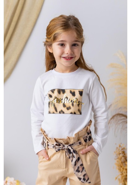Kız Çocuk Leopar Baskılı Uzun Kollu T-Shirt - Beyaz