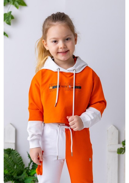 Kız Çocuk Kapüşonlu Crop Sweatshirt - Oranj