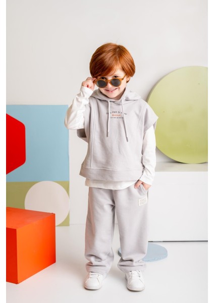 Unisex Çocuk Kapşonlu Kısa Kol Sweatshirt - Gri