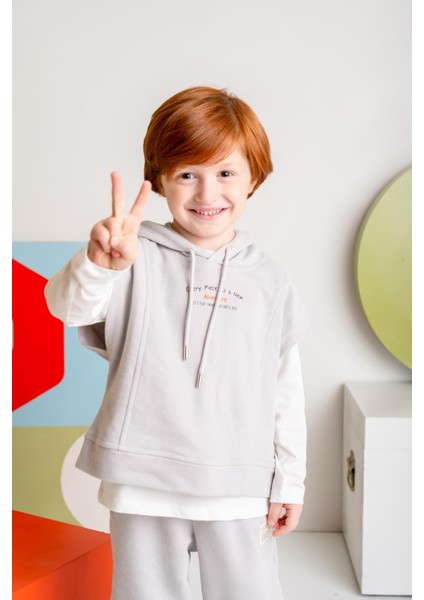 Unisex Çocuk Kapşonlu Kısa Kol Sweatshirt - Gri fiyatları