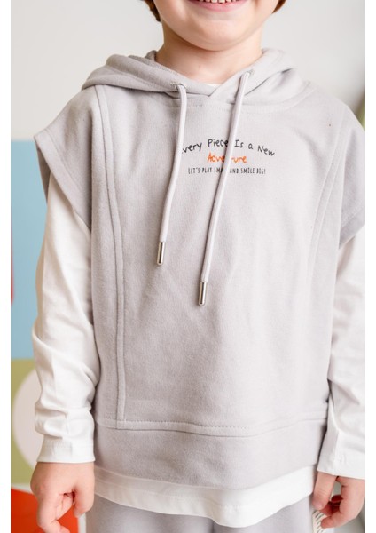 Unisex Çocuk Kapşonlu Kısa Kol Sweatshirt - Gri modelleri