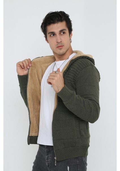 Erkek Haki Içi Kürklü Kapsonlu Triko Örme Hırka fiyatları