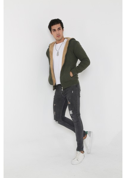 Erkek Haki Içi Kürklü Kapsonlu Triko Örme Hırka modelleri