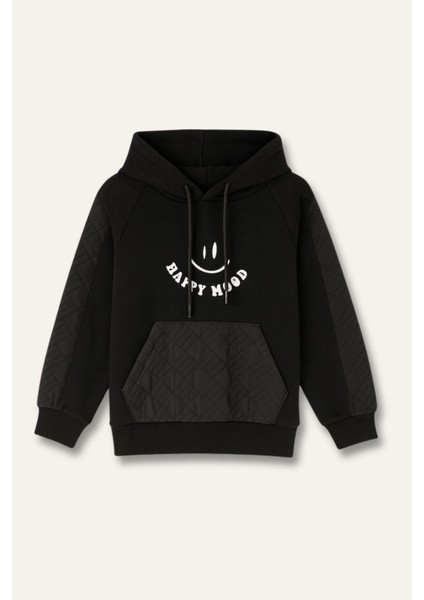 Kız Çocuk Reglan Kollu Baskı Detaylı Kapitoneli Sweatshirt - Siyah modelleri