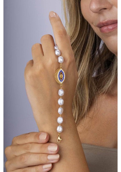 Altın Kaplama Beyaz Inci Geçişli Göz Figürlü Altın Kaplama Çelik Kadın Bileklik fiyatları