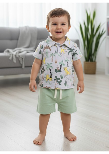 Orman Desenli Erkek Bebek Çocuk Yazlık Kısa Kollu Şortlu Takım 6-9 Ay, 9-12 Ay, 12-18 Ay, 18-24 Ay
