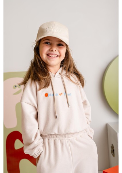 Kız Çocuk Kapşonlu Crop Sweatshirt - Krem