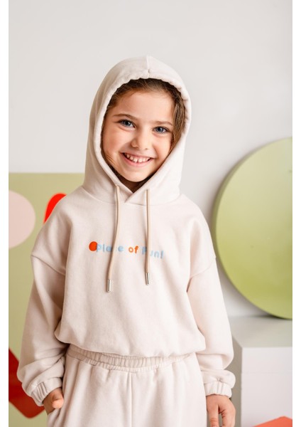 Kız Çocuk Kapşonlu Crop Sweatshirt - Krem fiyatları