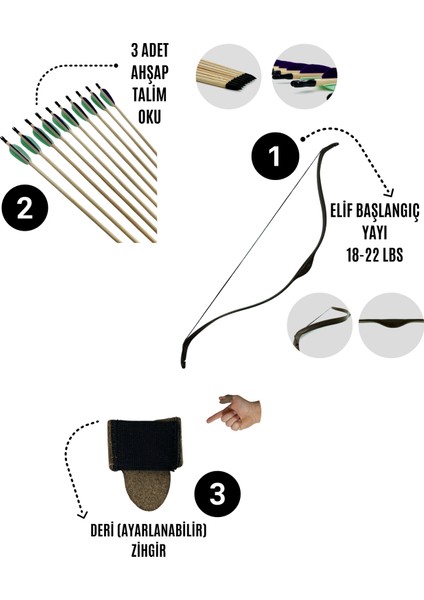 Geleneksel Okçuluk Başlangıç Seti - Elif Yay + 3 Ok + Zihgir