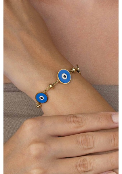 Üçlü Mavi Göz Figürlü Altın Kaplama Çelik Kadın Bileklik
