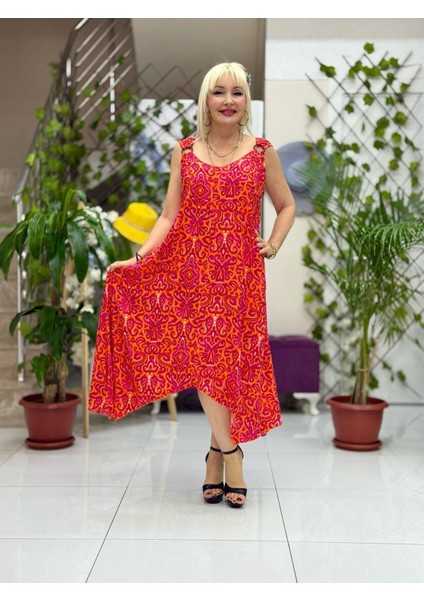 HL14022 Omzu Halkalı Askılı Viskon Hilal Elbise