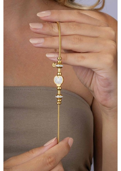 Zirkon Taşlı Silindir Zincir Altın Kaplama Kadın Çelik Bileklik