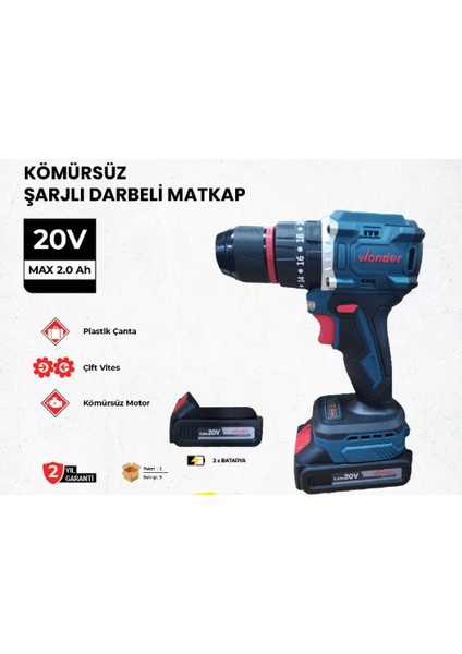 20V Kömürsüz Darbeli Çift Akülü Matkap